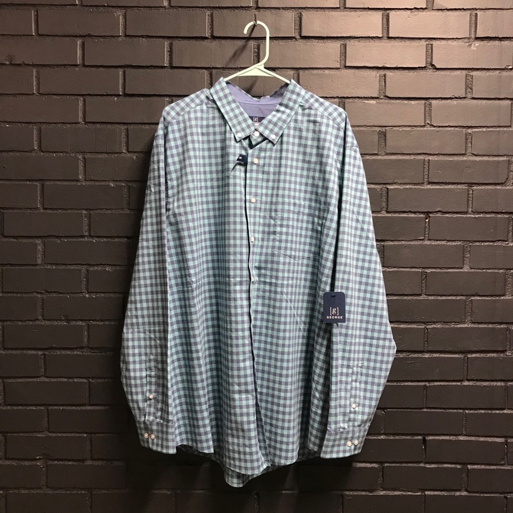 New! George Men 3XL Stretch Blue Plaid Classic Fit
